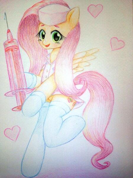 Size: 768x1024 | Tagged: anatomically incorrect, artist:dobado, clothes, derpibooru import, fluttershy, incorrect leg anatomy, nurse, safe, semi-anthro, solo, stockings, syringe, traditional art