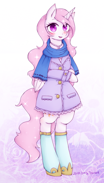 Size: 460x807 | Tagged: anthro, artist:divided-s, bipedal, blushing, clothes, coat, derpibooru import, looking at you, necklace, open mouth, pink-mane celestia, princess celestia, safe, scarf, semi-anthro, smiling, socks, solo