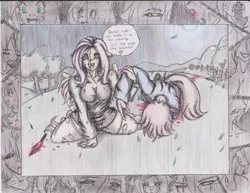 Size: 1018x784 | Tagged: anthro, artist:zoarenso, blood, chains, clothes, corpse, dead, derpibooru import, fluttershy, grimdark, heart, implied torture, knife, looking up, murdershy, oc, oc:mindlessgonzo, torn clothes, yandere