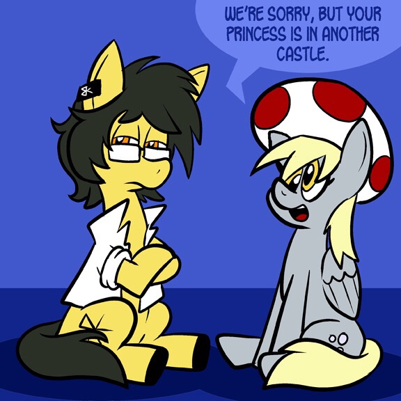 Size: 576x576 | Tagged: artist:pembroke, clothes, cosplay, crossed hooves, derpibooru import, derpy hooves, dialogue, duo, glasses, in another castle, oc, oc:bluetooth, open mouth, parody, safe, sitting, speech bubble, super mario bros., toad (mario bros), unamused