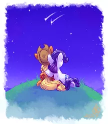 Size: 1280x1474 | Tagged: safe, artist:whitediamonds, derpibooru import, applejack, rarity, earth pony, pony, unicorn, cuddling, female, hat, lesbian, mare, rarijack, rarijack daily, shipping, shooting star, shooting stars, sitting, snuggling