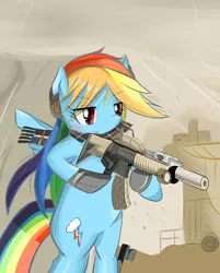 Size: 1444x1800 | Tagged: safe, artist:timorikawa, derpibooru import, rainbow dash, clothes, gun, pixiv, scarf, solo