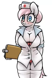 Size: 2000x3000 | Tagged: anthro, artist:slavedemorto, big breasts, blushing, bra, breasts, busty nurse redheart, cleavage, clipboard, clothes, derpibooru import, female, hat, no pants, nurse hat, nurse outfit, nurse redheart, panties, shirt, simple background, socks, solo, solo female, suggestive, thigh highs, underass, underwear, white background