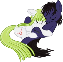 Size: 6186x6078 | Tagged: safe, artist:calicopikachu, artist:dewlshock, derpibooru import, ponified, earth pony, pegasus, pony, absurd resolution, base used, code geass, cuddling, cute, eyes closed, female, floppy ears, hug, male, on back, prone, simple background, sleeping, smiling, snuggling, straight, trace, transparent background, vector