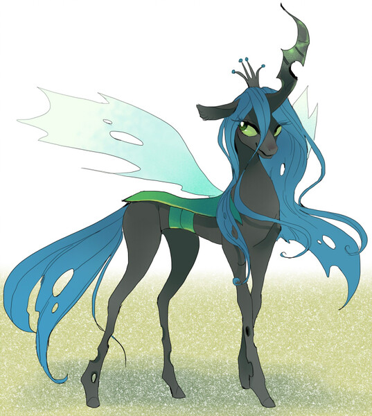 Size: 703x786 | Tagged: artist:pasikon, changeling, changeling queen, derpibooru import, female, grin, queen chrysalis, safe, smirk, solo, spread wings