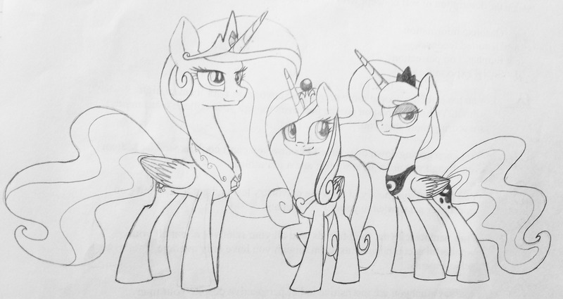 Size: 3597x1912 | Tagged: artist:grendeleev, derpibooru import, monochrome, princess cadance, princess celestia, princess luna, safe, traditional art