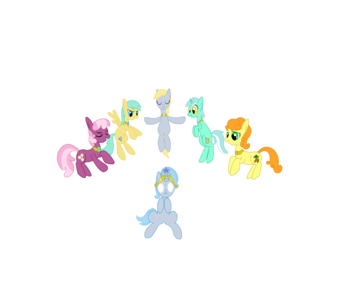 Size: 2088x1850 | Tagged: safe, artist:twitchy-tremor, derpibooru import, carrot top, cheerilee, derpy hooves, golden harvest, lyra heartstrings, sunshower raindrops, trixie, pegasus, pony, alternate mane six, alternate universe, elements of harmony, female, lunaverse, mare