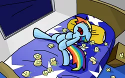 Size: 1600x1000 | Tagged: above, angled, artist:rainysunshine, bed, bedroom, cold, derpibooru import, edit, flu, gross, humor, mucus, nasty, rainbow dash, red nosed, safe, sick, sleeping, snot, solo, tissue