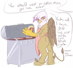 Size: 1095x1031 | Tagged: safe, artist:nobody, derpibooru import, gilda, gryphon, apron, bipedal, carnivore, clothes, cooking, descriptive noise, food, gildere, griffons doing griffon things, grill, grillda, meat, meme, solo, steak, tsundere