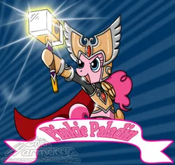 Size: 982x922 | Tagged: safe, artist:chibi-warmonger, derpibooru import, pinkie pie, pony, armor, bipedal, crossover, fantasy class, hammer, hoof hold, knight, open mouth, paladin, pun, smiling, solo, war hammer, warcraft, warrior, weapon, world of warcraft