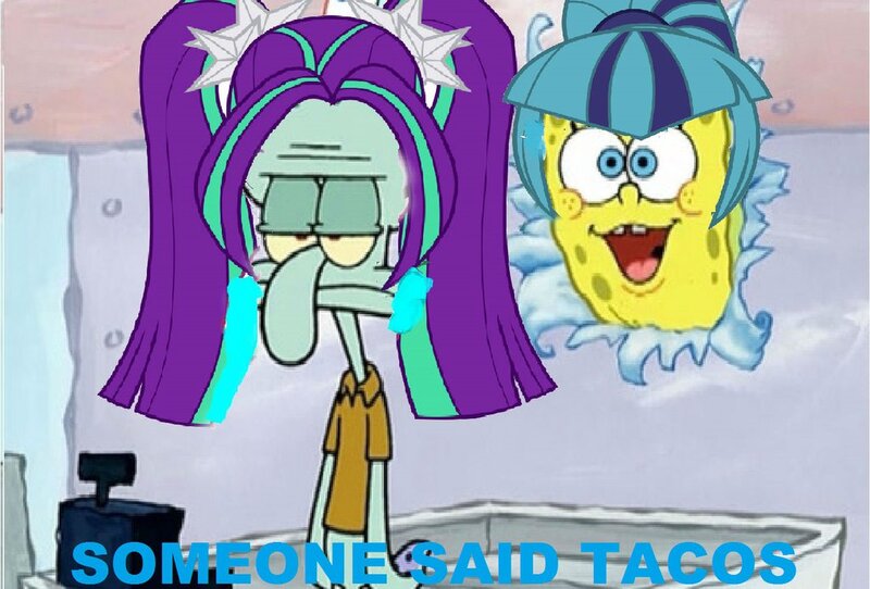 Size: 1024x694 | Tagged: safe, derpibooru import, edit, edited screencap, screencap, aria blaze, sonata dusk, equestria girls, blue text, crossover, fear of a krabby patty, image, jpeg, meme, sonataco, spongebob squarepants, spongebob squarepants (character), squidward tentacles