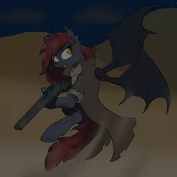 Size: 894x894 | Tagged: safe, artist:slouping, derpibooru import, oc, oc:wraith, unofficial characters only, bat pony, pony, fallout equestria, bat wings, clothes, dust, ear piercing, gun, looking back, rifle, scarf, spread wings, weapon