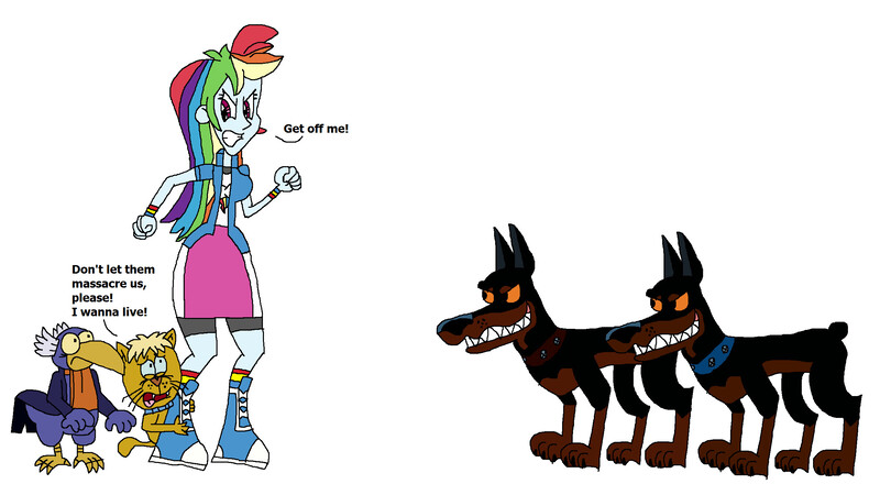 Size: 2417x1361 | Tagged: safe, artist:hunterxcolleen, derpibooru import, rainbow dash, dog, equestria girls, annoyed, crossover, desoto, female, humanized, jacob, maurizio, oliver and company, protecting, roscoe, talking, this will end in death, wunschpunsch