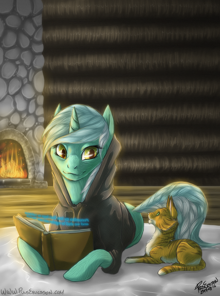 Size: 900x1210 | Tagged: safe, artist:amberswirl, derpibooru import, lyra heartstrings, cat, pony, unicorn, fanfic:background pony, book, clothes, fanfic art, fireplace, hoodie