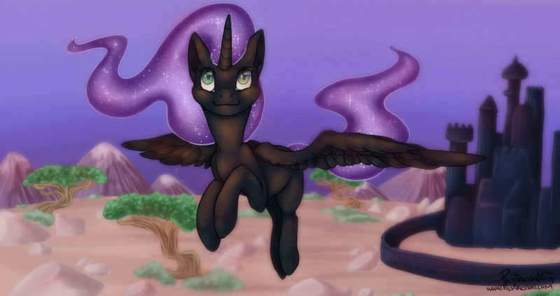 Size: 1024x541 | Tagged: safe, artist:amberswirl, derpibooru import, oc, oc:nyx, unofficial characters only, alicorn, pony, alicorn oc, flying, nightmare nyx, solo