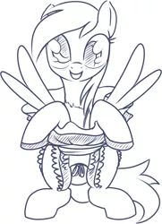 Size: 758x1046 | Tagged: safe, artist:stoic5, derpibooru import, derpy hooves, pegasus, pony, apron, blushing, clothes, cute, derp, female, looking at you, mare, monochrome, smiling, solo, spread wings