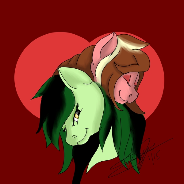 Size: 5100x5100 | Tagged: safe, artist:littlewolfstudios, derpibooru import, oc, oc:dusty luck, oc:mistress foxxie hearts, unofficial characters only, pony, absurd resolution, couple, cuddling, female, hug, love, mare, neck nuzzle, nuzzling, oc x oc, shipping, snuggling, valentine