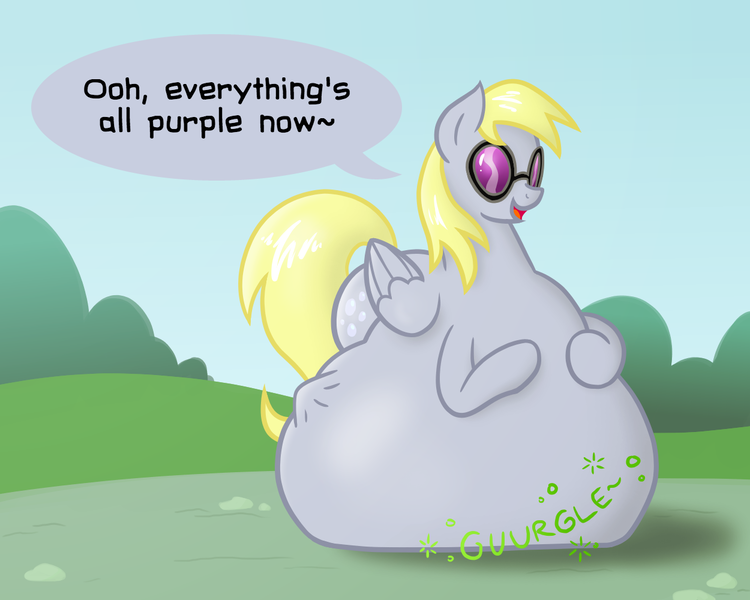 Size: 1250x1000 | Tagged: questionable, artist:irateliterate, derpibooru import, derpy hooves, vinyl scratch, pegasus, pony, accessory swap, belly, death, derpypred, digestion, female, fetish, glasses, mare, stomach noise, vore