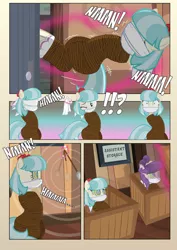 Size: 752x1063 | Tagged: semi-grimdark, suggestive, artist:radiantrealm, derpibooru import, coco pommel, suri polomare, earth pony, pony, comic:collecting coco, blindfold, bondage, cloth gag, crate, exclamation point, gag, hypnosis, hypnosis fetish, hypnotized, interrobang, kidnapped, muffled moaning, mummification, mummified, pendulum swing, question mark, rope, rope bondage, show accurate, show accurate porn, swirly eyes, tied up