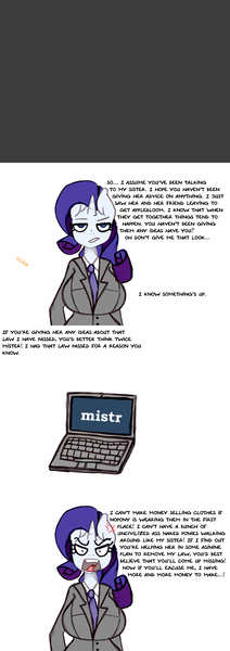 Size: 1280x3628 | Tagged: anthro, artist:somescrub, ask nudist sweetie belle, breasts, business suit, busty rarity, computer, derpibooru import, female, laptop computer, rarity, suggestive