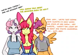 Size: 1280x907 | Tagged: anthro, apple bloom, artist:somescrub, ask nudist sweetie belle, bandeau, belly button, breasts, busty apple bloom, cleavage, clothes, cutie mark crusaders, derpibooru import, female, glasses, lesbian, midriff, overalls, scootaloo, short shirt, suggestive, sweetie belle, tumblr