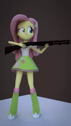 Size: 1080x1920 | Tagged: safe, artist:creatorofpony, derpibooru import, fluttershy, equestria girls, /mlp/, 3d, 3d model, awkward, blender, boots, clothes, gun, m870, shotgun, skirt, solo, tanktop