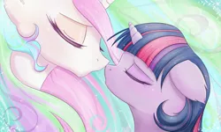 Size: 3500x2100 | Tagged: safe, artist:magnaluna, derpibooru import, princess celestia, twilight sparkle, twilight sparkle (alicorn), alicorn, pony, abstract background, ethereal mane, eyes closed, female, floppy ears, horn, lesbian, mare, nose kiss, shipping, starry mane, twilestia