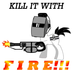 Size: 550x550 | Tagged: artist:salted pingas, derpibooru import, flamethrower, kill it with fire, meme, oc, oc:salted pingas, safe, simple background, solo, text, transparent background, unofficial characters only, weapon, welding mask