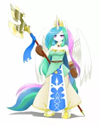 Size: 800x1000 | Tagged: anthro, arm hooves, artist:hashioaryut, derpibooru import, halberd, pixiv, princess celestia, safe, solo, warrior celestia