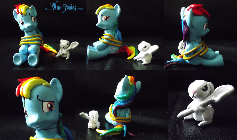 Size: 4776x2813 | Tagged: safe, artist:cemetery-nightmare, derpibooru import, angel bunny, rainbow dash, brushable, custom, irl, photo, rainbond dash, rope, swapped cutie marks, tied up, toy