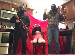 Size: 774x576 | Tagged: abuse, ak-47, alcohol, assault rifle, blindfold, book, daring do, derpibooru import, gun, hostage, human, irl, irl human, islamic state, oh no, parody, photo, pinkiebuse, pinkie pie, safe, sunglasses