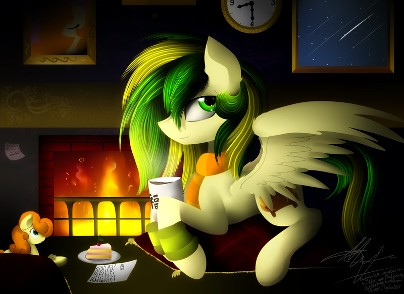 Size: 1970x1436 | Tagged: safe, artist:thelyuba1211, derpibooru import, carrot top, golden harvest, oc, oc:wooden toaster, unofficial characters only, earth pony, pegasus, pony, cake, canon x oc, clock, clothes, female, fireplace, food, glazetop, happy birthday, leg warmers, love letter, male, mare, mug, musician, otaku date, pillow, plushie, ponysona, scarf, shooting star, solo, stallion, waifu dinner, woodentoaster r63