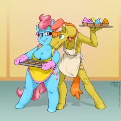 Size: 850x850 | Tagged: anthro, apron, artist:drjavi, blushing, breasts, busty cup cake, carrot cake, chubby, cleavage, clothes, cookie, cup cake, cupcake, derpibooru import, eyes on the prize, female, lip bite, love, naked apron, plump, suggestive, thick cup cake