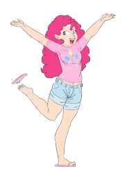 Size: 3334x4472 | Tagged: absurd resolution, artist:carnifex, barefoot, belly button, clothes, derpibooru import, feet, human, humanized, midriff, one shoe off, open mouth, pinkie pie, safe, sandals, shorts, simple background, solo, transparent background