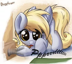 Size: 1900x1700 | Tagged: safe, artist:bugplayer, derpibooru import, derpy hooves, pegasus, pony, :o, behaving like a cat, bugplayer is trying to murder us, curious, cute, derpabetes, doorstop, eyes on the prize, female, mare, open mouth, playing, solo, underp