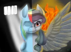 Size: 4251x3118 | Tagged: artist:rimmes-broose, crying, derpibooru import, duality, edmond dantes, everyday a little death, fire, hell to your doorstep, prison, rainbow dantes, rainbow dash, semi-grimdark, spread wings, the count of monte cristo