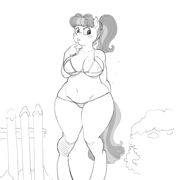 Size: 900x900 | Tagged: questionable, artist:kevinsano, derpibooru import, chickadee, ms. peachbottom, anthro, unguligrade anthro, belly button, bikini, breasts, busty ms. peachbottom, chubby, clothes, curvy, cute, female, grayscale, monochrome, nudity, plump, solo, solo female, sunglasses, swimsuit, wide hips