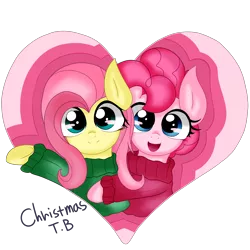 Size: 6000x6000 | Tagged: absurd resolution, artist:korchristmas, clothes, cute, derpibooru import, female, flutterpie, fluttershy, lesbian, pinkie pie, safe, shipping, simple background, sweater, sweatershy, transparent background