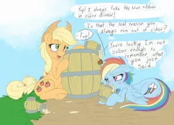 Size: 2400x1727 | Tagged: applejack, artist:dfectivedvice, artist:dragonfoorm, backwards cutie mark, barrel, blushing, cider, dashaholic, derpibooru import, drunk, drunk aj, drunker dash, rainbow dash, safe, underhoof