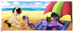 Size: 1348x593 | Tagged: safe, artist:blackfreya, derpibooru import, twilight sparkle, twilight sparkle (alicorn), oc, oc:mayday parker sparkle, ponified, alicorn, pony, beach, beach ball, braid, crossover, crossover shipping, cute, family, father and daughter, female, filly, glasses, mare, marriage, married couple, mother and daughter, offspring, parent:peter parker, parent:twilight sparkle, parents:spidertwi, peter parker, sand, sandcastle, shipping, spider-man, spiders and magic ii: eleven months, spiders and magic iii: days of friendship past, spiders and magic: rise of spider-mane, spidertwi, sunglasses, umbrella