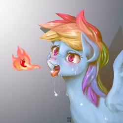 Size: 1928x1920 | Tagged: safe, artist:mrs1989, derpibooru import, rainbow dash, pegasus, pony, blushing, chili pepper, crying, drool, female, fire, fire breath, gradient background, gray background, hot, hot pepper, mare, nose wrinkle, open mouth, pepper, shadow, simple background, snot, solo, spicy, spread wings, sweat, tears of pain, wings