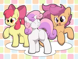 Size: 1334x1009 | Tagged: safe, artist:yasumitsu, derpibooru import, apple bloom, scootaloo, sweetie belle, earth pony, pegasus, pony, unicorn, cute, cutie mark crusaders, female, filly, open mouth, pixiv, smiling