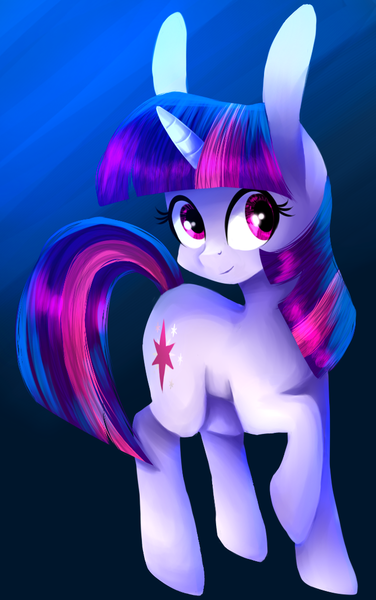 Size: 668x1066 | Tagged: artist:mite-lime, bunny ears, derpibooru import, gradient background, looking at you, raised hoof, safe, smiling, solo, twilight sparkle