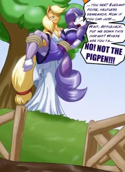 Size: 2400x3300 | Tagged: anthro, applejack, applejerk, artist:toughset, big breasts, bondage, breasts, busty applejack, busty rarity, cleavage, clothes, damsel in distress, derpibooru import, dialogue, dress, female, fence, gate, marshmelodrama, mud, open mouth, pig pen, put me down, raised eyebrow, rarity, rope, scene interpretation, smugjack, spike at your service, suggestive, this will end in tears, tied up, tree, unguligrade anthro