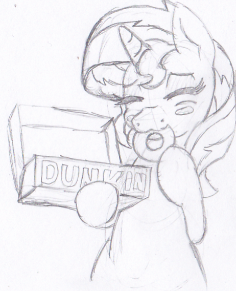 Size: 462x568 | Tagged: safe, artist:schmoe-joe, derpibooru import, sunset shimmer, pony, unicorn, bipedal, blushing, box, donut, eating, eyes closed, monochrome, nom, sketch, solo, traditional art