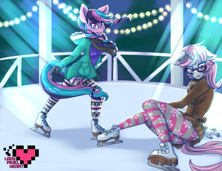 Size: 1017x786 | Tagged: anthro, artist:ladypixelheart, braid, clothes, derpibooru import, glasses, iceskating, leggings, oc, oc:sonate, safe, scarf, skates, unofficial characters only, winter