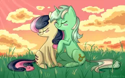 Size: 1134x711 | Tagged: safe, artist:sigmanas, derpibooru import, bon bon, lyra heartstrings, sweetie drops, earth pony, pony, unicorn, adorabon, blushing, cuddling, cute, eyes closed, female, grass, lesbian, lyrabetes, lyrabon, shipping, snuggling, squishy cheeks, щщоки