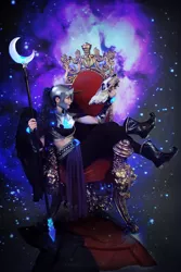 Size: 1037x1549 | Tagged: artist:nahuisan, cosplay, derpibooru import, human, irl, irl human, midriff, nightmare moon, photo, safe, skull, solo, staff, throne