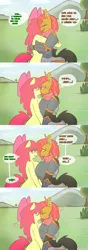 Size: 1280x3628 | Tagged: anthro, apple bloom, applecest, appleseed, armor, artist:somescrub, ask nudist sweetie belle, babs seed, breasts, busty apple bloom, busty babs seed, clothes, comic, derpibooru import, female, freckles, kissing, lesbian, piercing, scarf, shipping, suggestive, tumblr