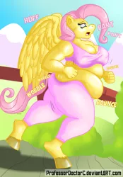 Size: 2826x4049 | Tagged: anthro, artist:professordoctorc, bbw, chubby, derpibooru import, exercise, fat, fattershy, fluttershy, jogging, muffin top, running, safe, solo, sweat, unguligrade anthro